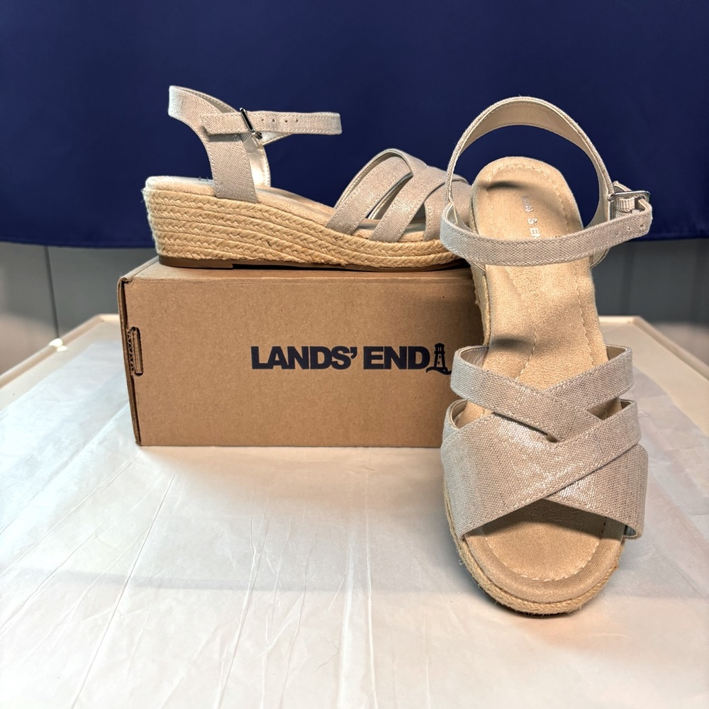 Lands' End Espadrille Wedge Shoes sz 8 silver beech